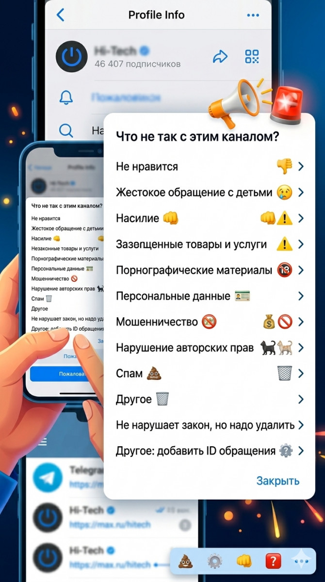 добавить жалобы на акк тг